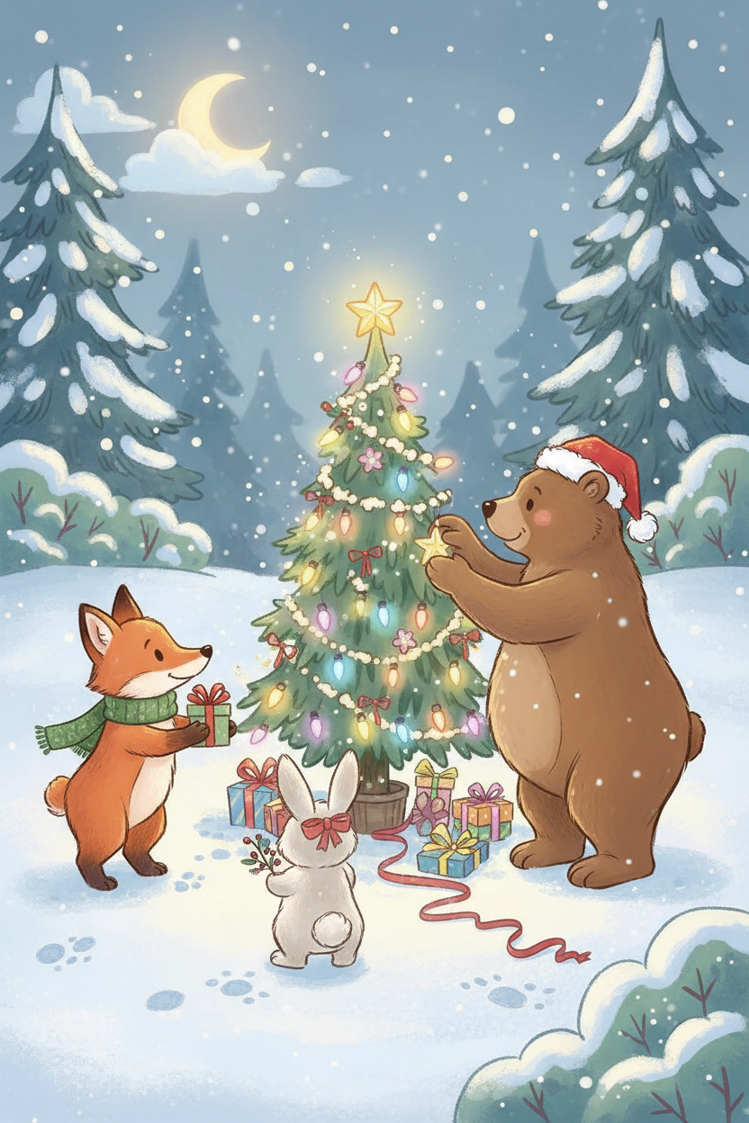 눈 덮인 숲 속에서 작은 크리스마스 트리를 중심으로 선물을 교환하는 숲속 동물들의 유쾌한 카툰 일러스트.