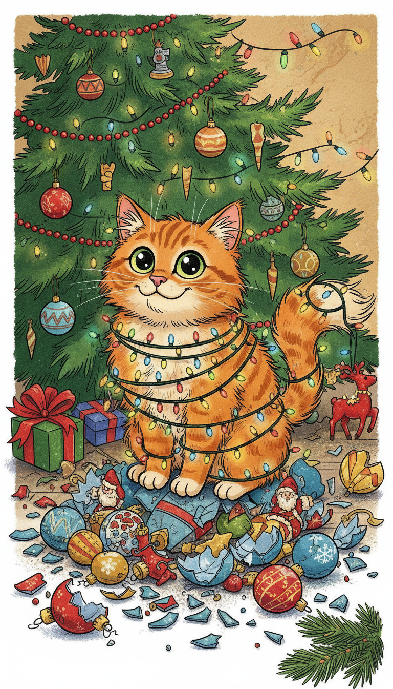 크리스마스 조명에 엉킨 장난기 가득한 고양이의 유머러스한 크리스마스 카툰 일러스트.