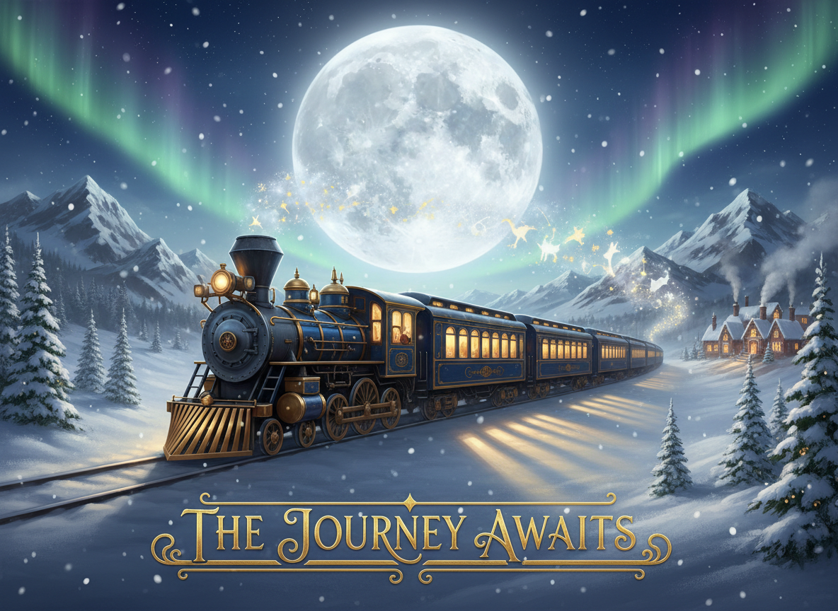 눈 덮인 산을 지나는 마법 같은 크리스마스 기차 (폴라 익스프레스 스타일) 일러스트.