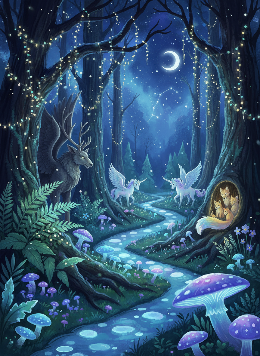빛나는 버섯과 요정 조명이 있는 환상적인 마법의 크리스마스 숲 일러스트.