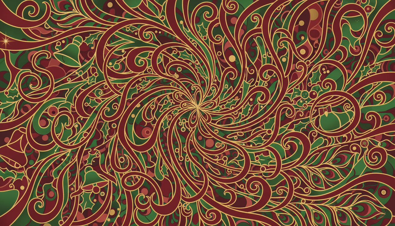 빨간색, 초록색, 금색의 소용돌이치는 리본과 반짝이가 역동적인 배경을 이루는 추상적인 크리스마스 일러스트.