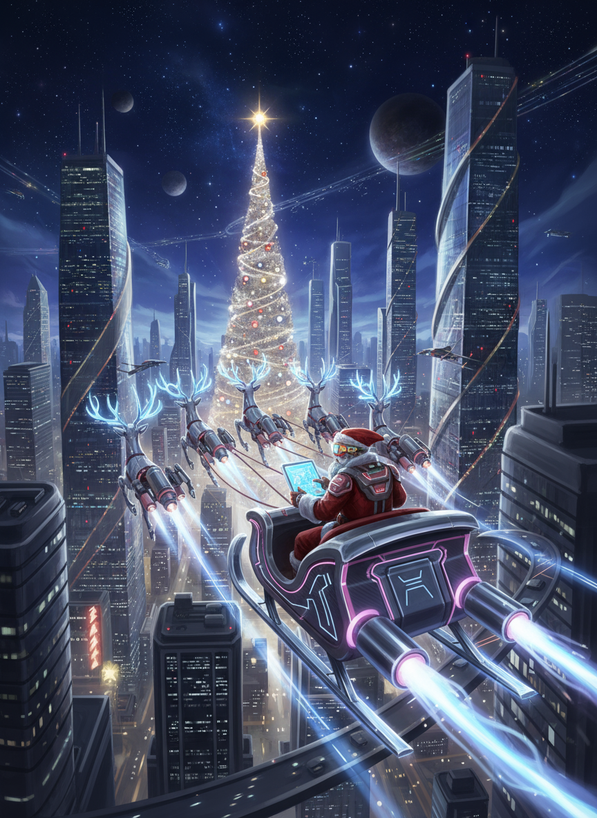 미래 도시 위로 빛나는 첨단 썰매를 타고 비행하는 현대화된 산타의 미래 지향적 크리스마스 일러스트.
