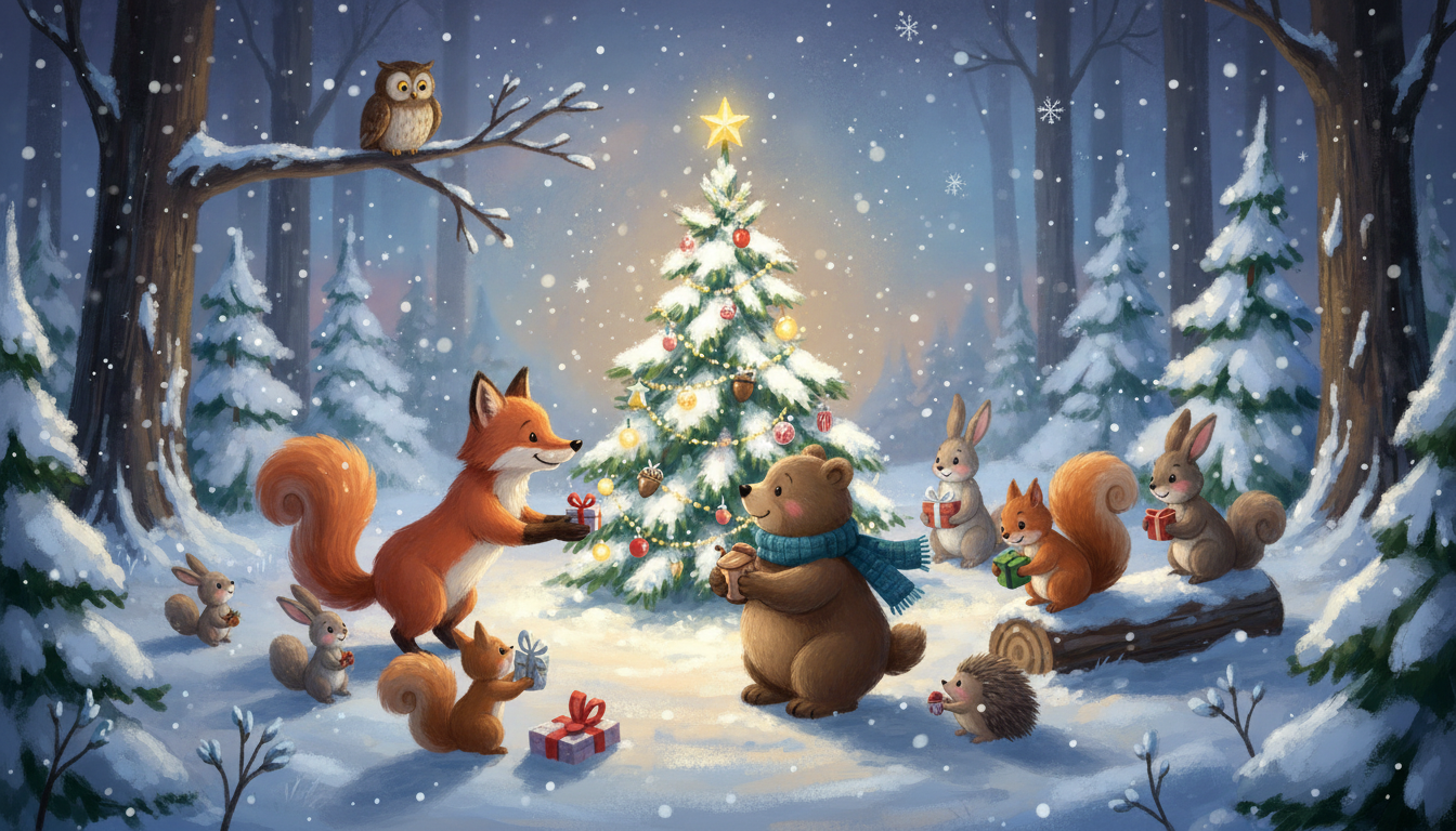 눈 덮인 숲에서 크리스마스 트리를 중심으로 모여 축하하는 숲속 동물들 이야기책 일러스트.