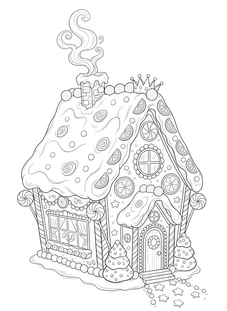 눈과 사탕 장식으로 뒤덮인 진저브레드 하우스의 우아한 라인 아트 크리스마스 일러스트.