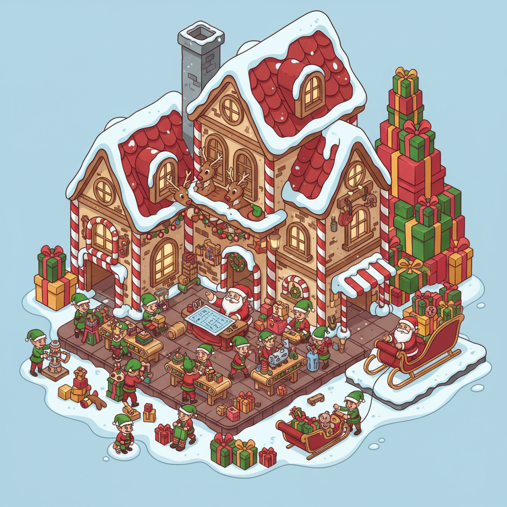 산타의 작업실에서 바쁘게 움직이는 요정들과 쌓인 선물들이 있는 입체적인 크리스마스 일러스트.