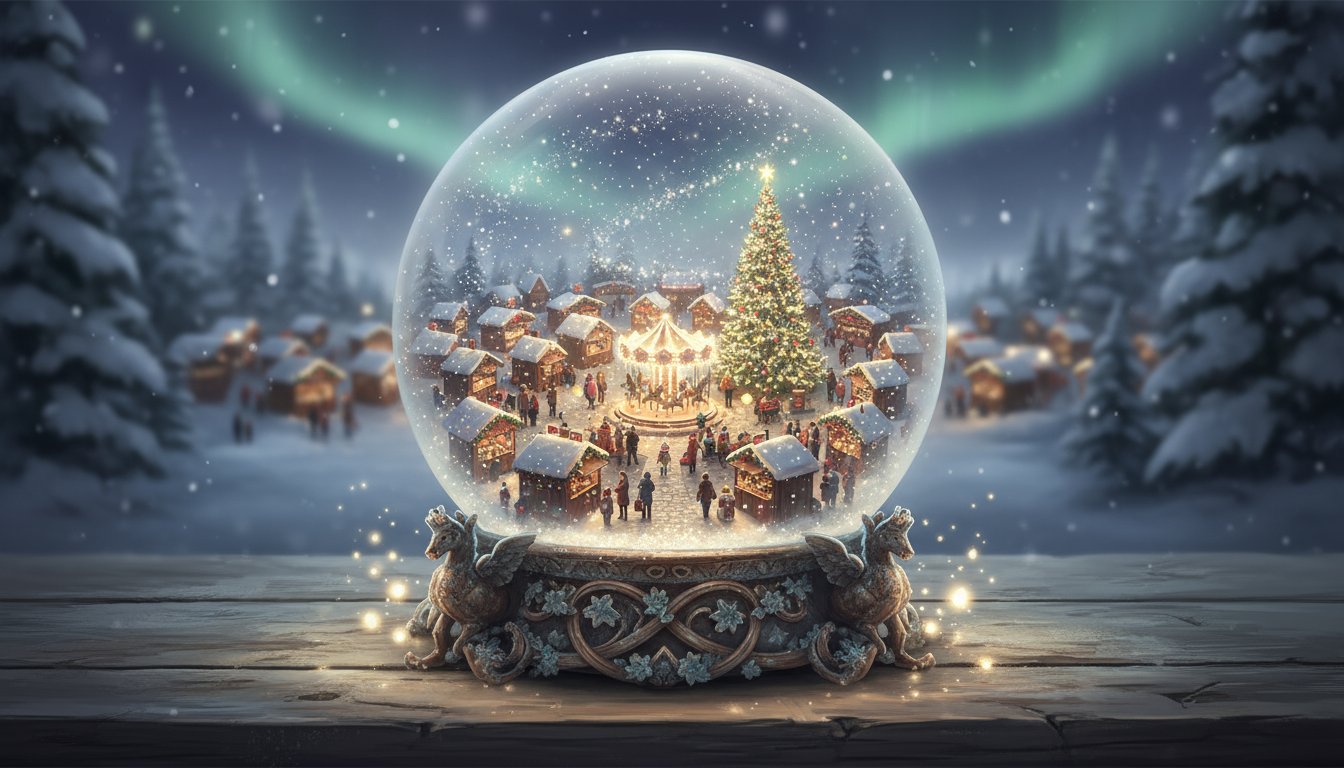 반짝이는 크리스마스 시장 풍경이 담긴 마법 같은 스노우 글로브 일러스트.