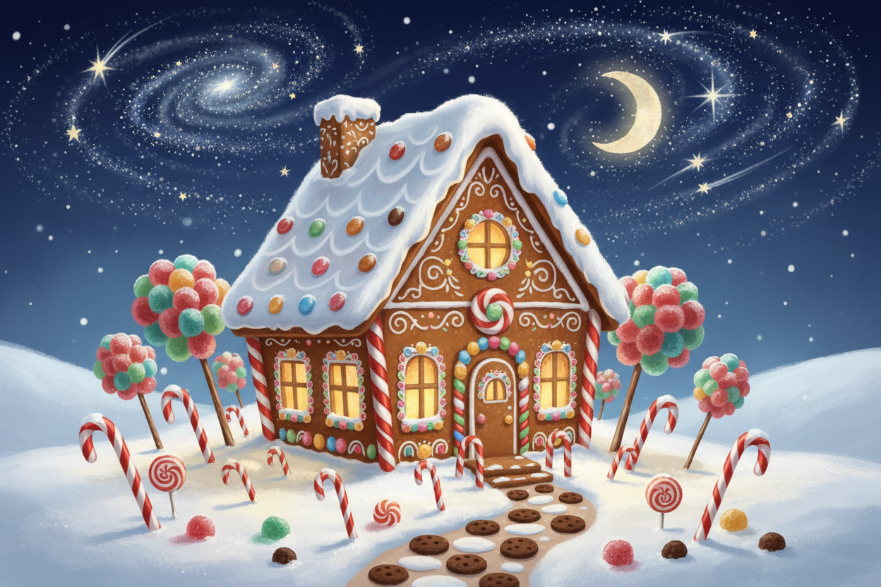 눈 덮인 진저브레드 하우스가 은은한 불빛으로 빛나고 별이 빛나는 겨울 하늘 아래 사탕 지팡이와 젤리나무에 둘러싸인 평온한 크리스마스 일러스트.