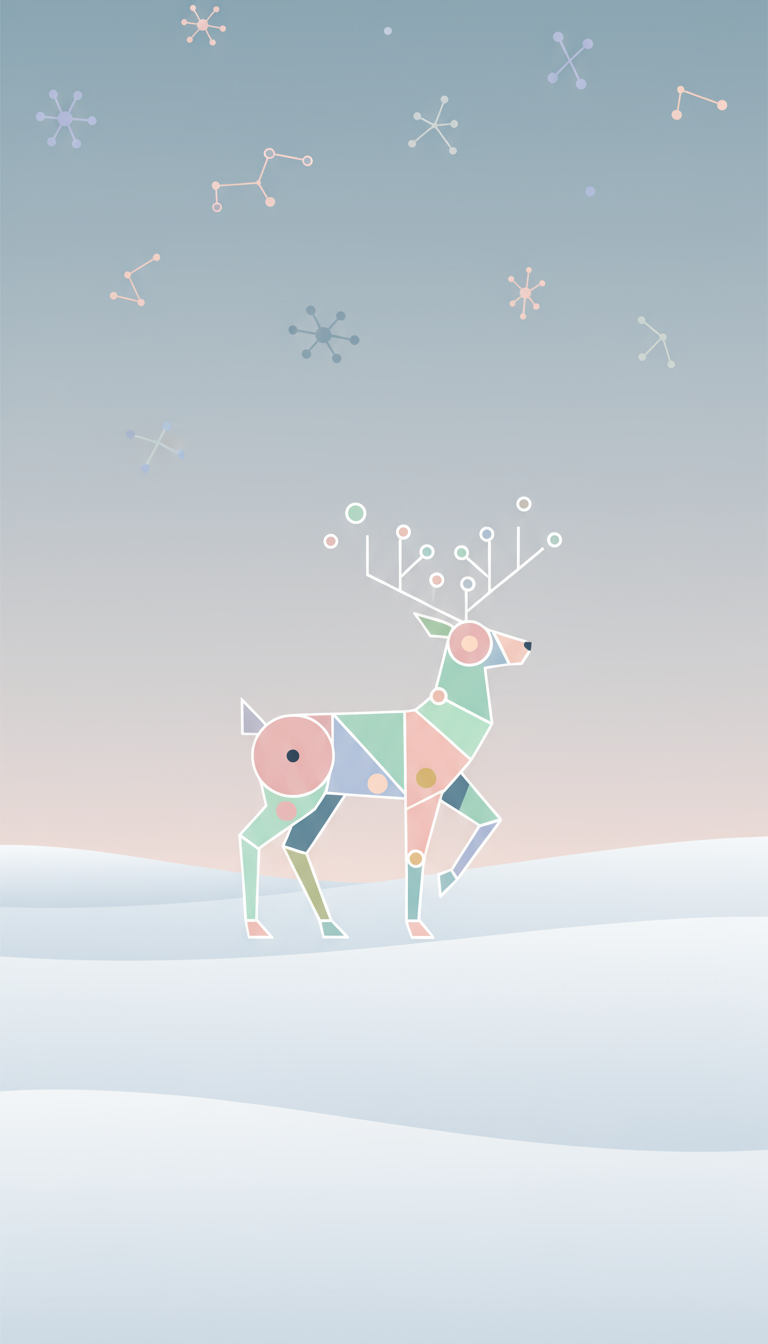 기하학적인 형태의 순록이 깨끗한 설원에서 파스텔 색조와 추상적인 눈송이로 표현된 미니멀리스트 크리스마스 일러스트.