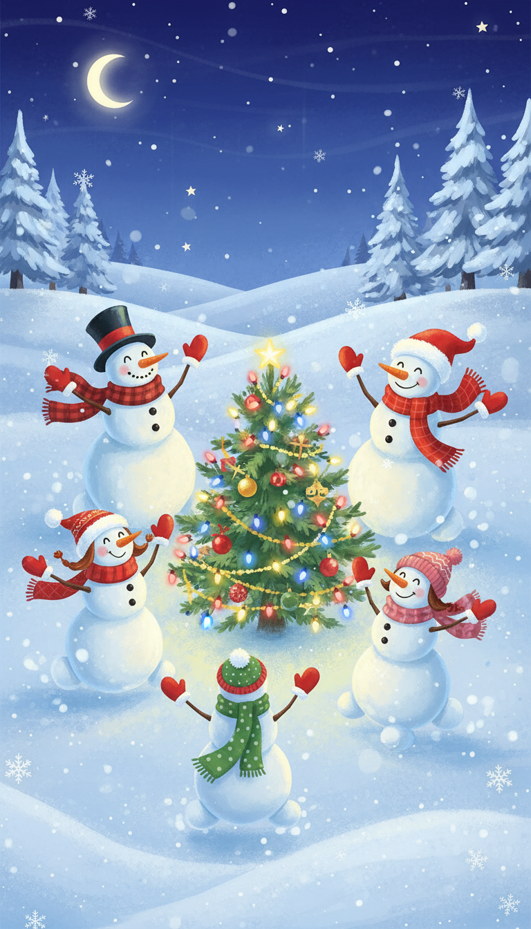 장식된 나무 주위에서 춤추는 눈사람들의 역동적인 크리스마스 일러스트.