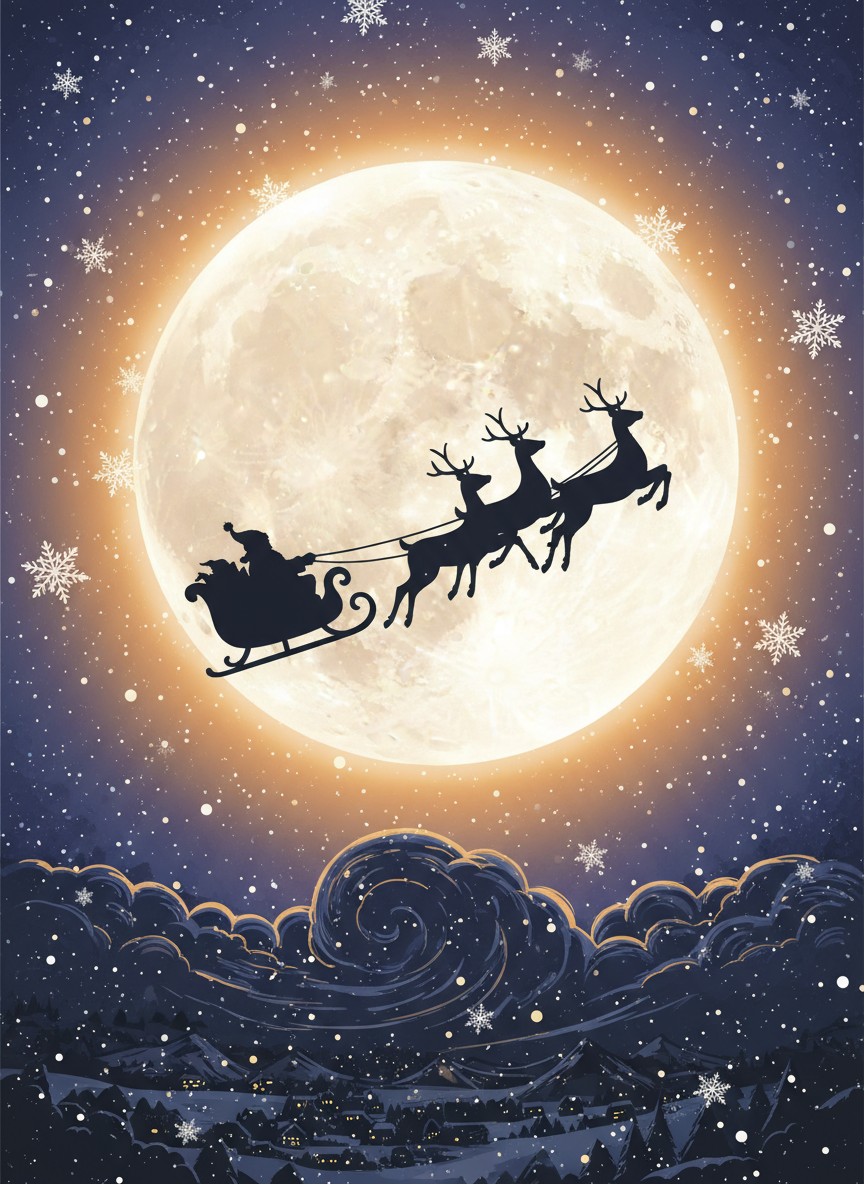 크리스마스 이브, 휘영청 밝은 달을 배경으로 한 산타 썰매의 극적인 실루엣 일러스트.