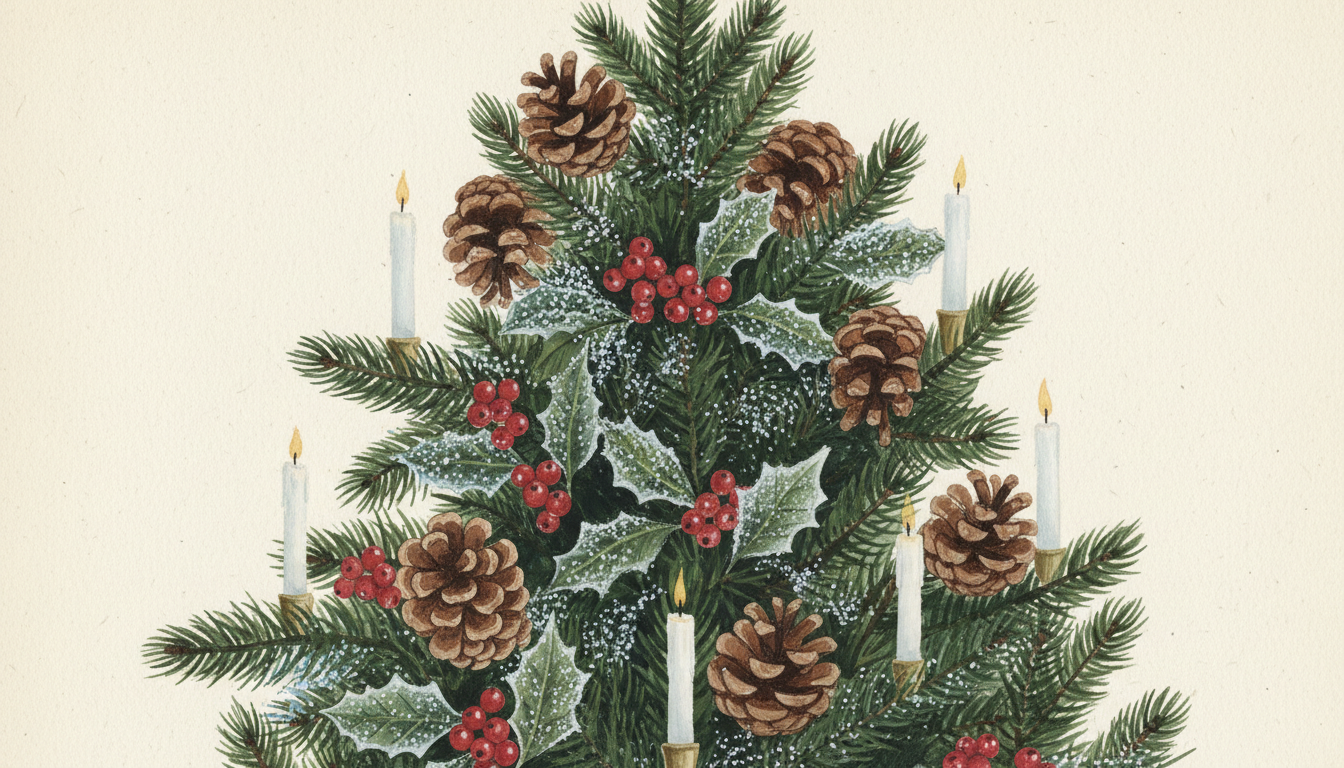 솔방울, 빨간 열매, 흰색 양초로 장식된 자연적이고 소박한 크리스마스 트리 일러스트.