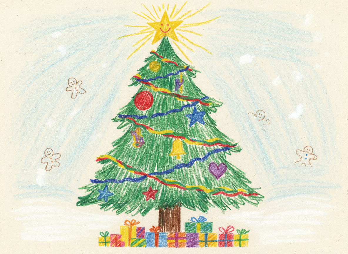 밝고 손으로 그린 듯한 장식이 특징인 순진한 어린이 그림 스타일의 사랑스러운 크리스마스 트리 일러스트.