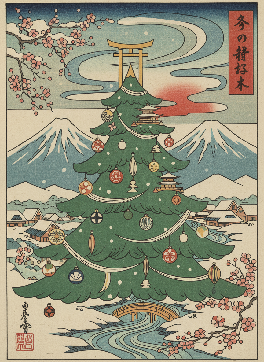 단순화된 형태, 강한 윤곽선, 겨울 산 배경이 있는 우키요에 스타일의 크리스마스 트리 일러스트.