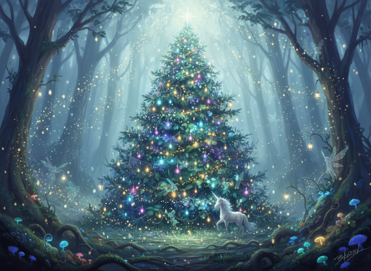 마법의 조명과 요정 생물이 있는 황홀한 숲 크리스마스 트리 일러스트, 꿈결 같음.