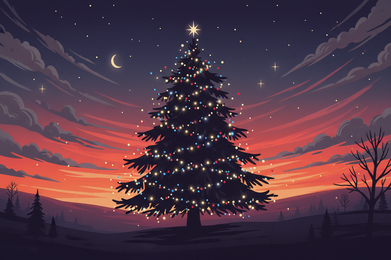 드라마틱한 황혼 하늘을 배경으로 반짝이는 조명이 돋보이는 실루엣 크리스마스 트리 일러스트, 우아하고 분위기 있는 모습.
