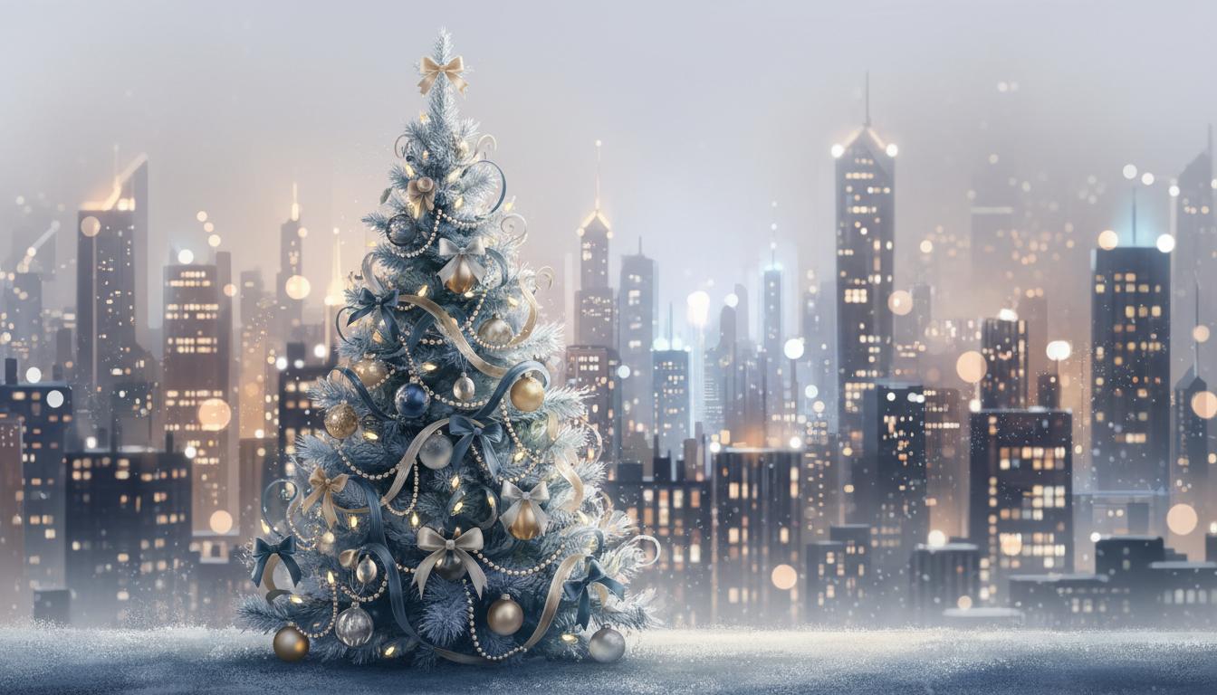 도시 야경과 보케를 배경으로 한 우아한 크리스마스 트리 일러스트.