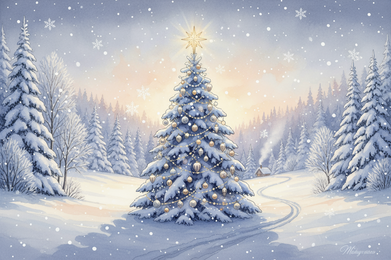 서리 내린 나무와 눈이 덮인 풍경 속에 웅장하게 서 있는 아름다운 겨울 왕국 크리스마스 트리 일러스트, 고요하고 장엄한 분위기.