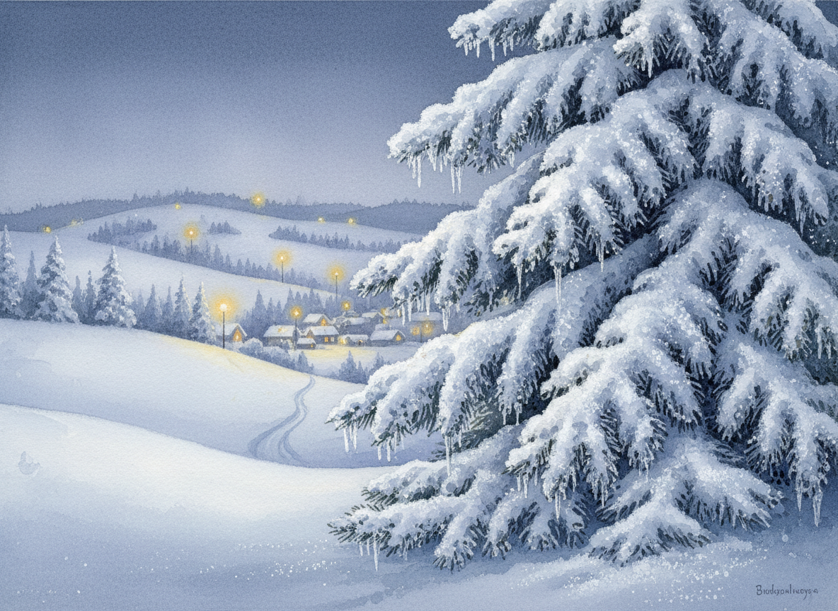 눈 덮인 고요한 크리스마스 트리 일러스트, 서리가 내린 가지, 멀리 보이는 마을 불빛.