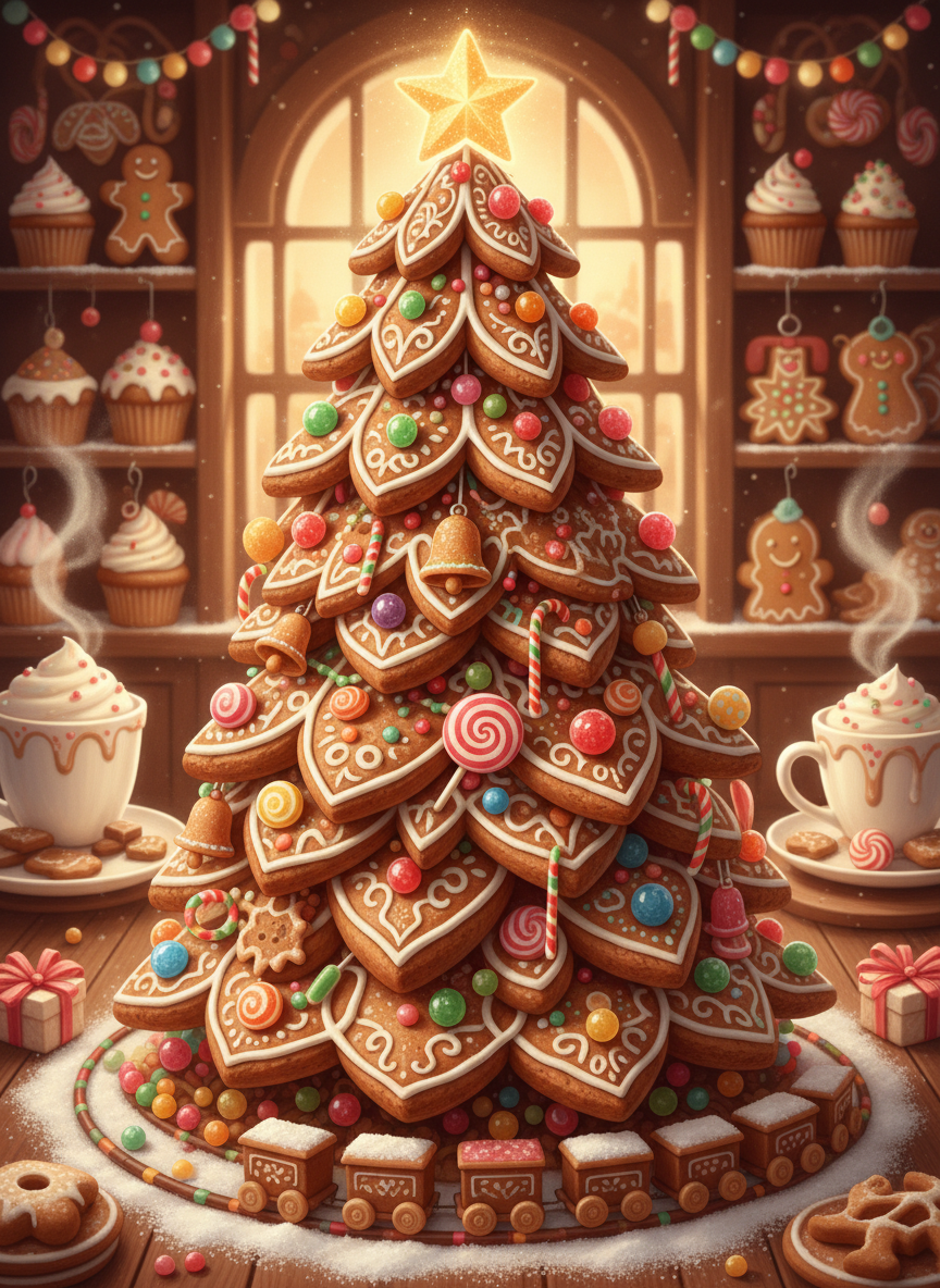 축제 분위기의 베이커리에서 진저브레드 쿠키와 사탕으로 만들어진 기발한 크리스마스 트리 일러스트.