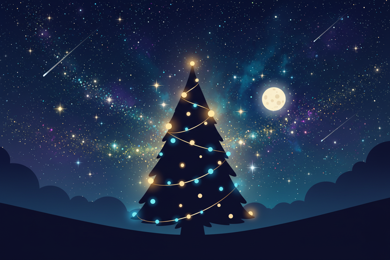 별이 빛나는 밤하늘을 배경으로 내부 조명이 빛나는 실루엣 크리스마스 트리 일러스트.
