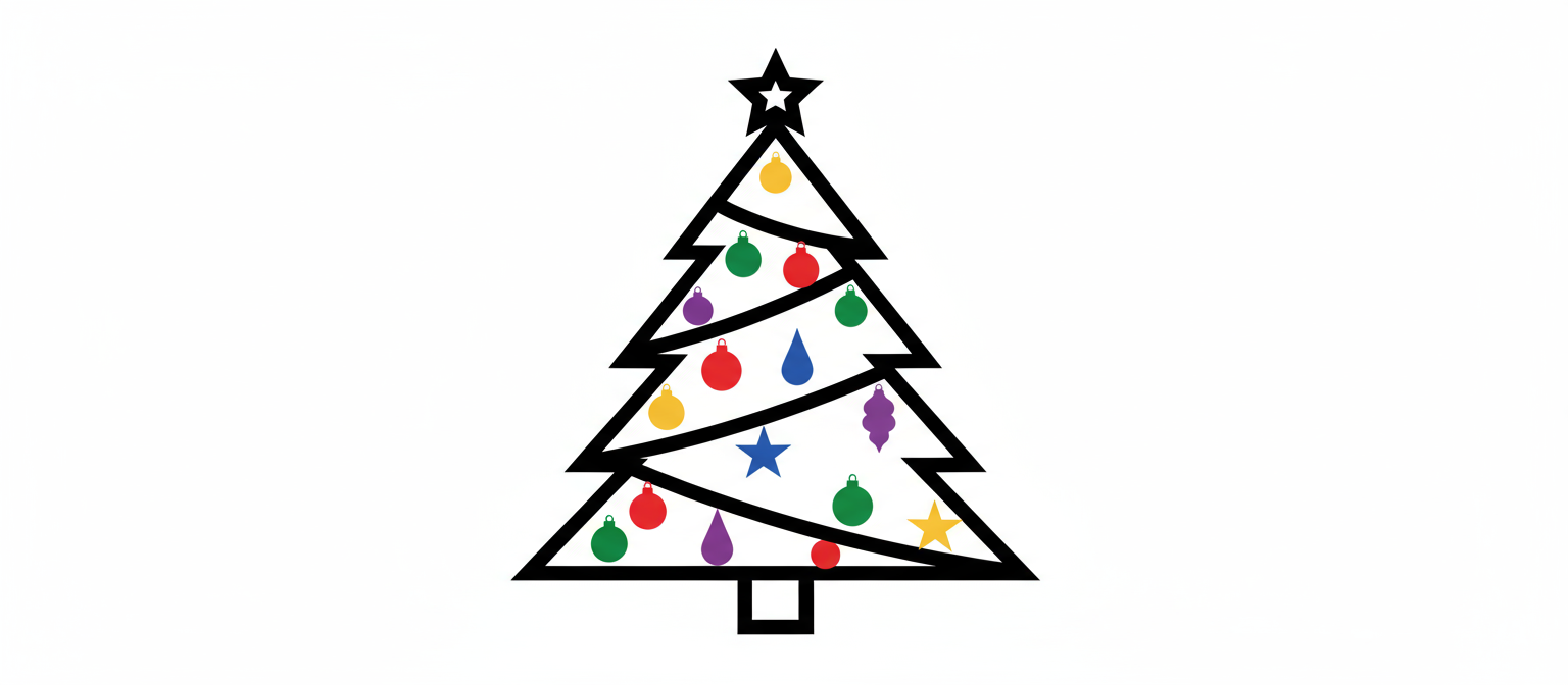장식에만 생생한 색상이 강조된 굵은 선 아트 크리스마스 트리, 미니멀하면서도 눈에 띄는 그래픽 일러스트.