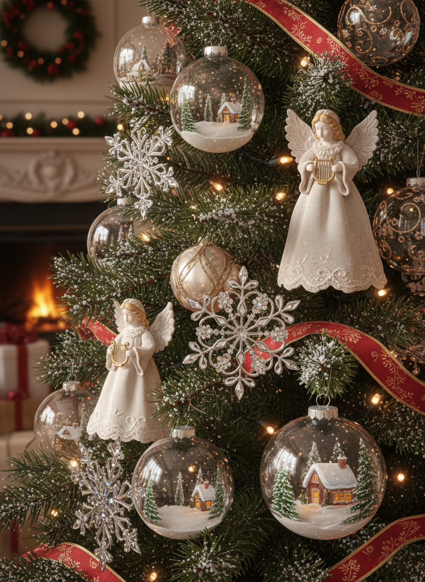 다양하고 정교한 장식으로 장식된 크리스마스 트리의 극사실적인 클로즈업 일러스트.