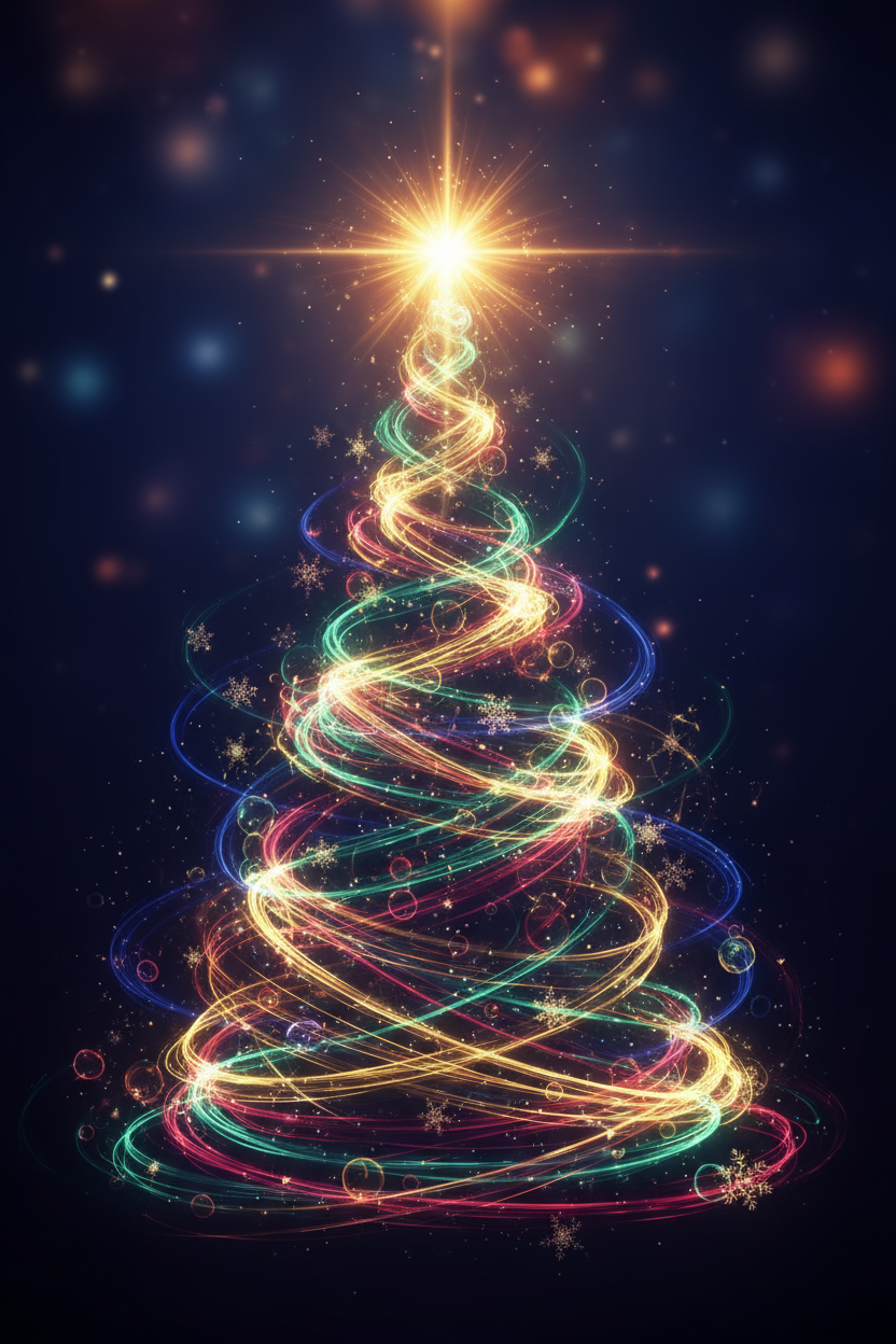 빛나는 윤곽선의 크리스마스 트리 일러스트, 밝은 에너지, 축제 조명원, 추상적인 휴일 개념.
