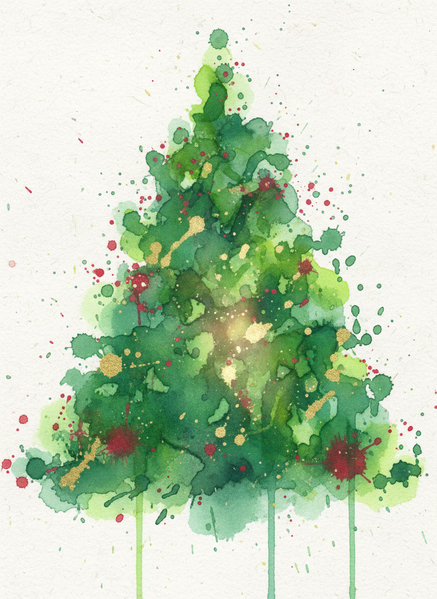 활기찬 수채화 물감 얼룩과 워시로 만들어진 추상적인 크리스마스 트리 일러스트.