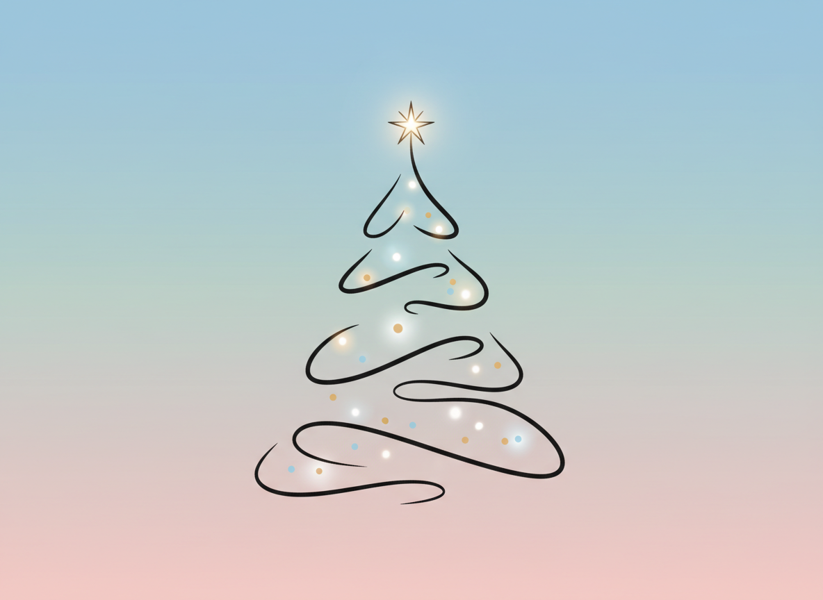 파스텔 배경에 별과 은은한 조명이 있는 미니멀리스트 라인 아트 크리스마스 트리 벡터 일러스트.