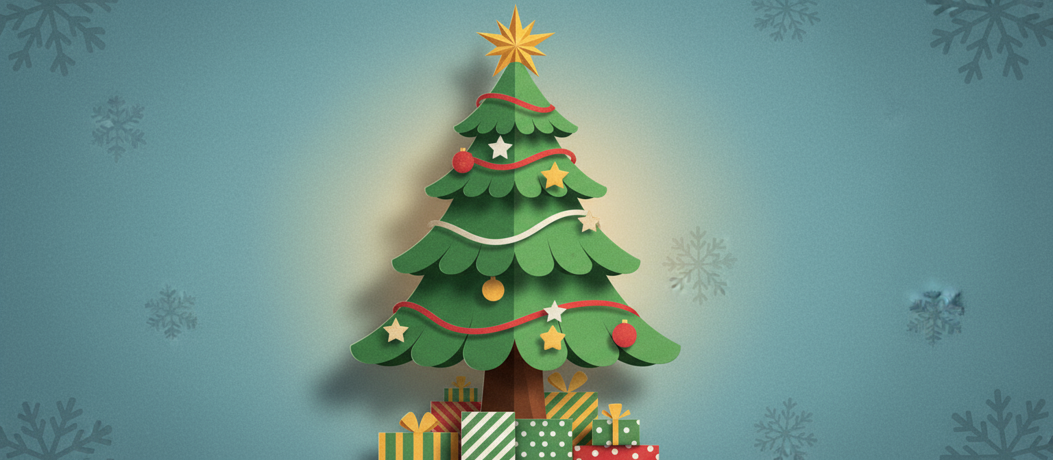 겹겹이 쌓인 종이와 그림자가 깊이감을 주는 종이 오리기 스타일 크리스마스 트리 일러스트, 수제 느낌.