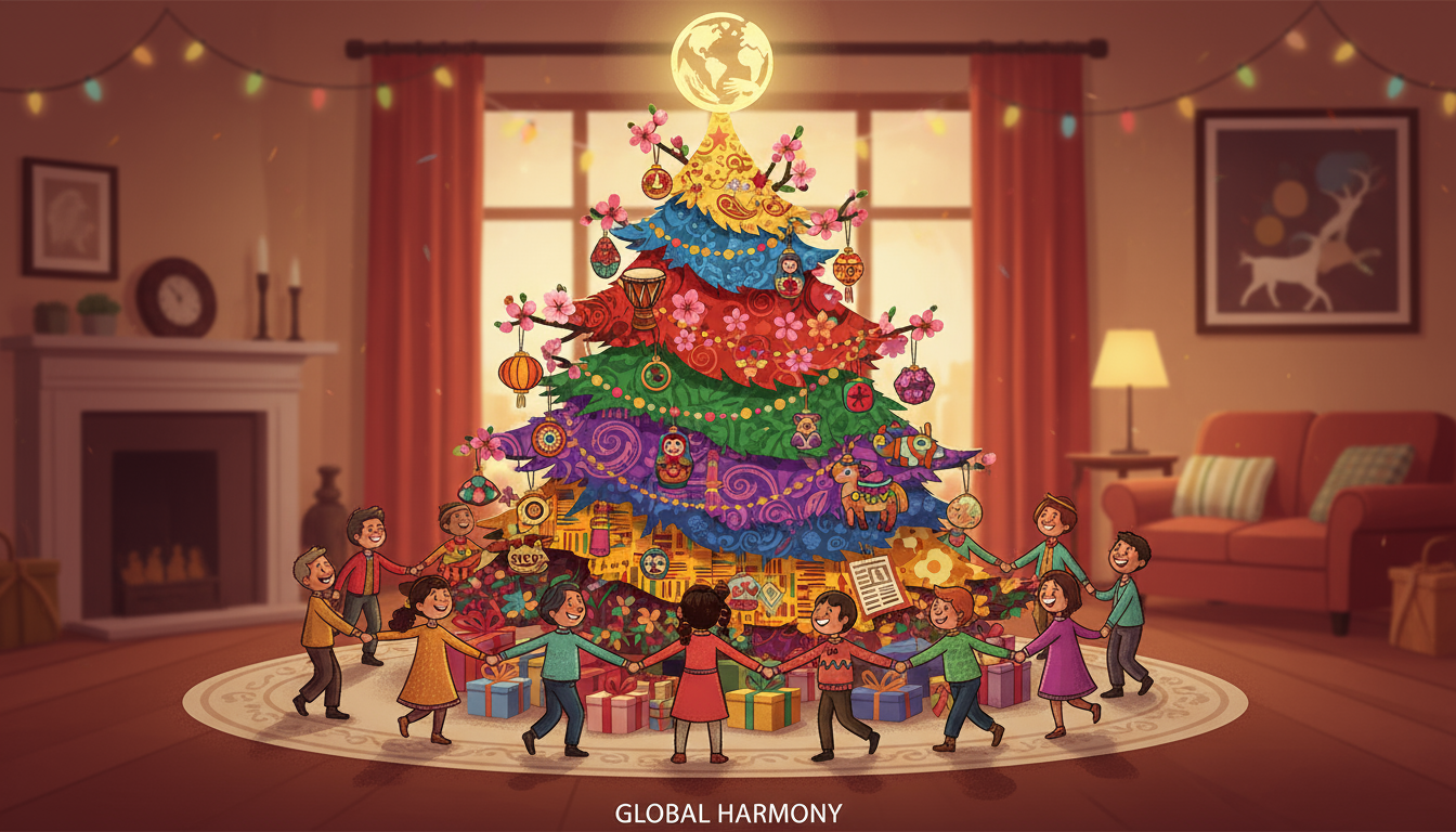 다양한 장식과 세계 각국의 패턴으로 다문화적인 느낌을 주는 활기찬 크리스마스 트리 일러스트, 다양성 축하.