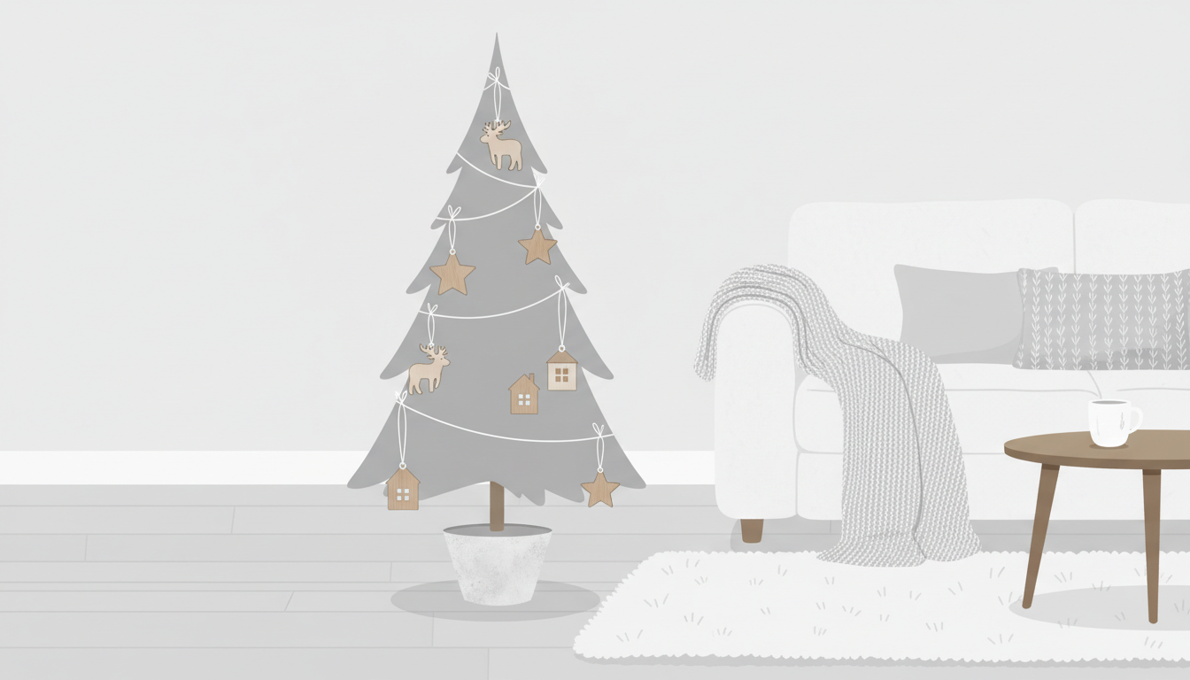 나무 장식과 흰색, 회색 팔레트를 사용한 미니멀리스트 북유럽 크리스마스 트리 일러스트, 아늑한 스칸디나비아 디자인.