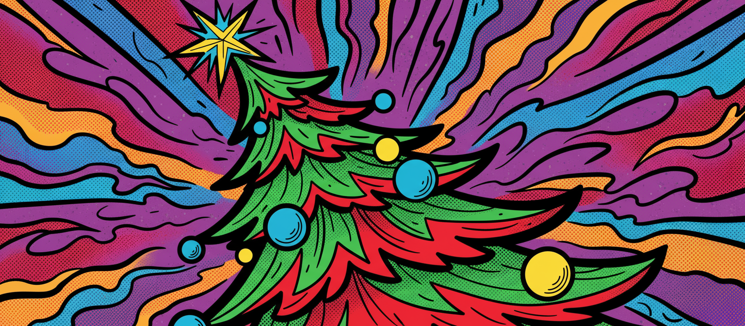 굵은 윤곽선과 활기찬 평면 색상을 가진 역동적인 팝아트 스타일 크리스마스 트리 일러스트.