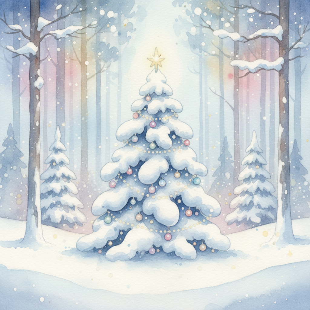 고요한 겨울 숲 속 눈 덮인 크리스마스 트리의 몽환적인 수채화 일러스트.