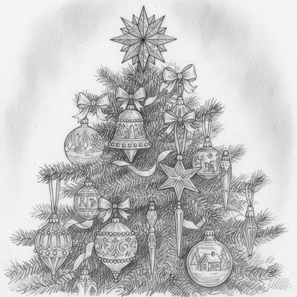 복잡한 빈티지 장식이 있는 크리스마스 트리의 상세한 단색 연필 스케치 일러스트.