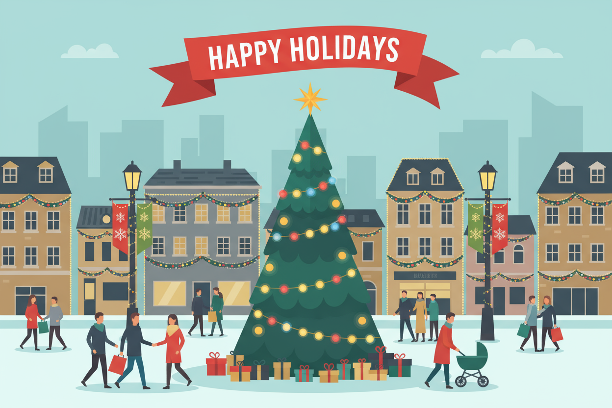 분주한 도시 광장에 우뚝 솟은 화려하게 장식된 대형 크리스마스 트리, 명절 분위기의 도시 평면 디자인 일러스트.