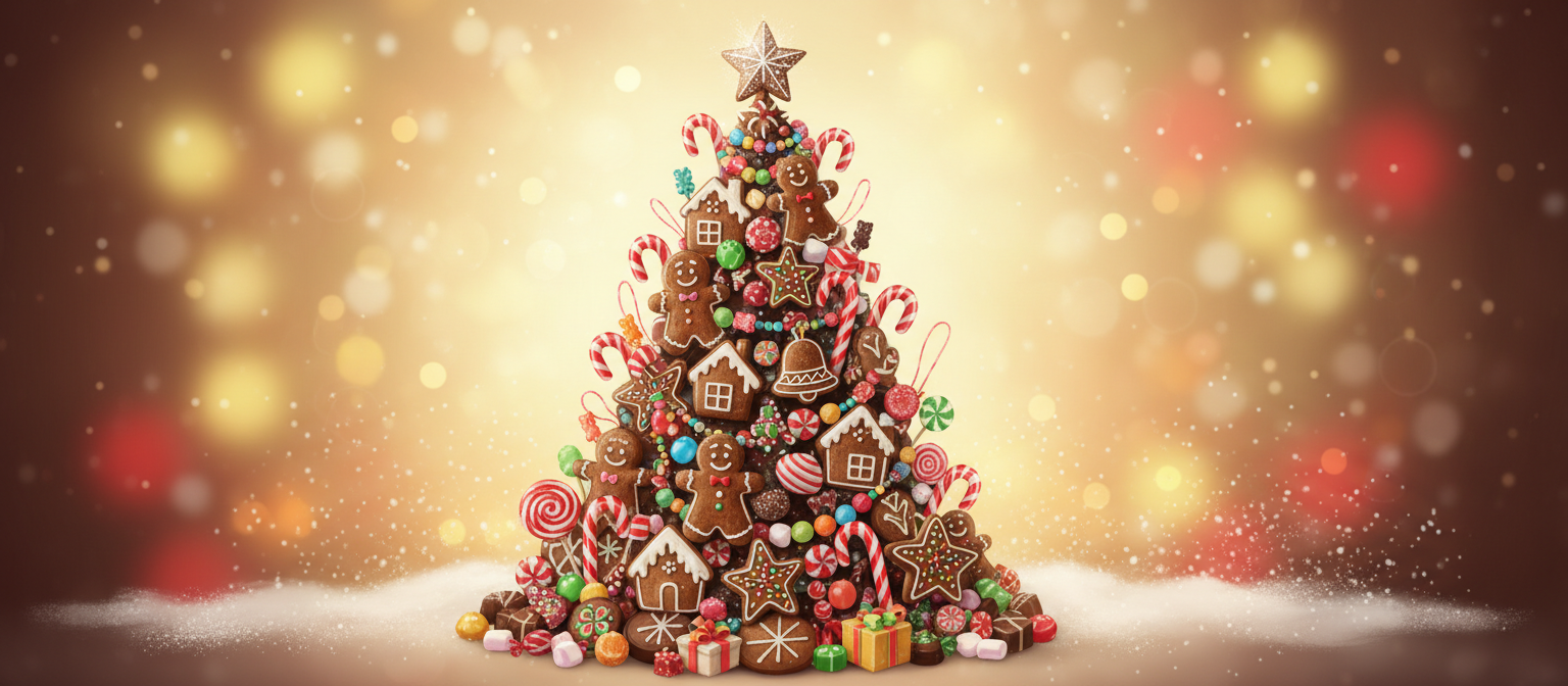 진저브레드 쿠키와 막대 사탕 장식으로 꾸며진 장난기 넘치는 크리스마스 트리 일러스트.