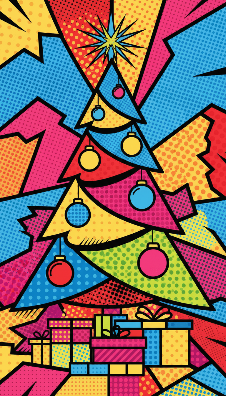 굵은 선과 도트 패턴, 대담한 색상을 사용한 팝아트 스타일 크리스마스 트리 일러스트, 활기차고 시선을 끄는 디자인.