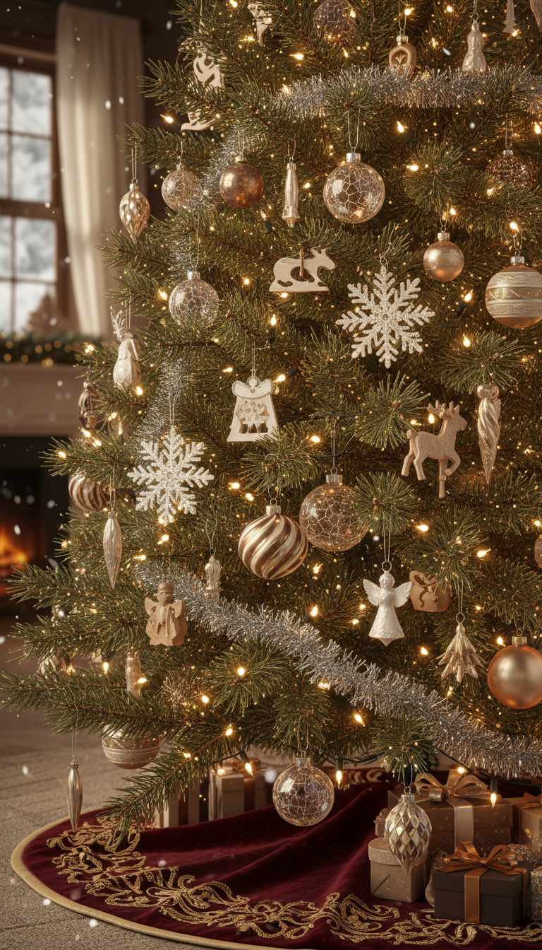 정교한 장식 디테일과 사진 같은 조명으로 된 매우 상세하고 극사실적인 크리스마스 트리 일러스트.