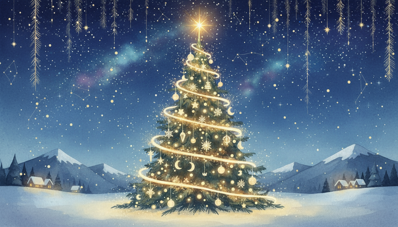 별이 빛나는 밤하늘 아래 따뜻한 조명으로 반짝이는 마법 같은 크리스마스 트리, 부드러운 눈이 내리는 모습의 매혹적인 일러스트.