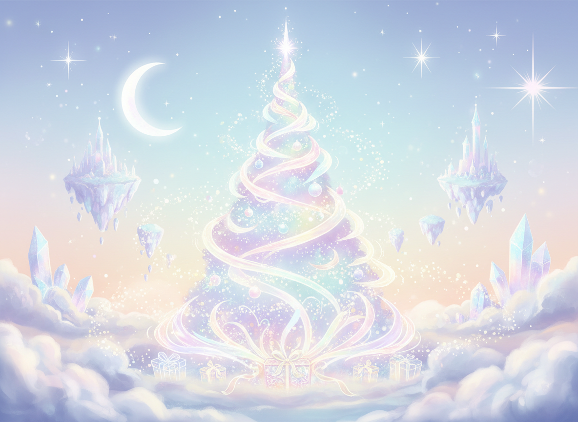 반짝이는 먼지와 부드러운 파스텔 색상의 비현실적인 크리스마스 트리 일러스트, 몽환적인 판타지 분위기.