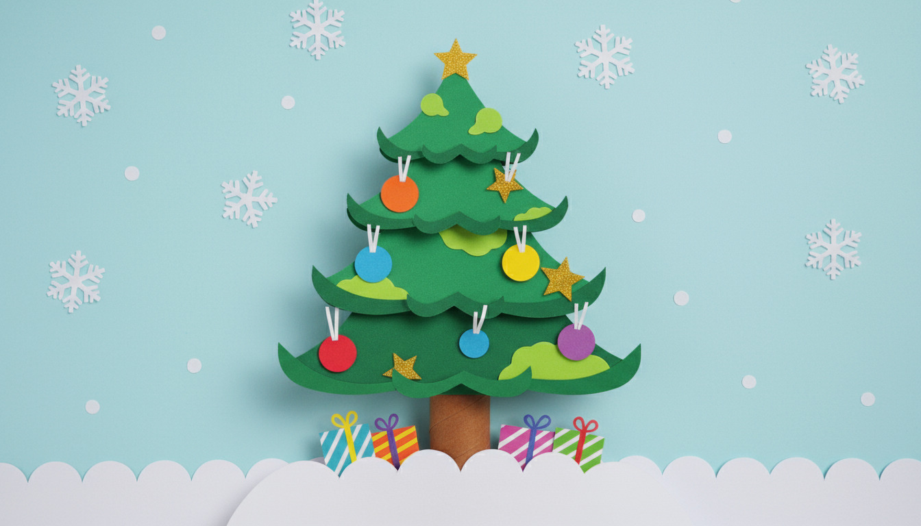 다채로운 장식이 있는, 잘라낸 종이 조각들을 겹쳐 만든 유쾌한 크리스마스 트리 일러스트.