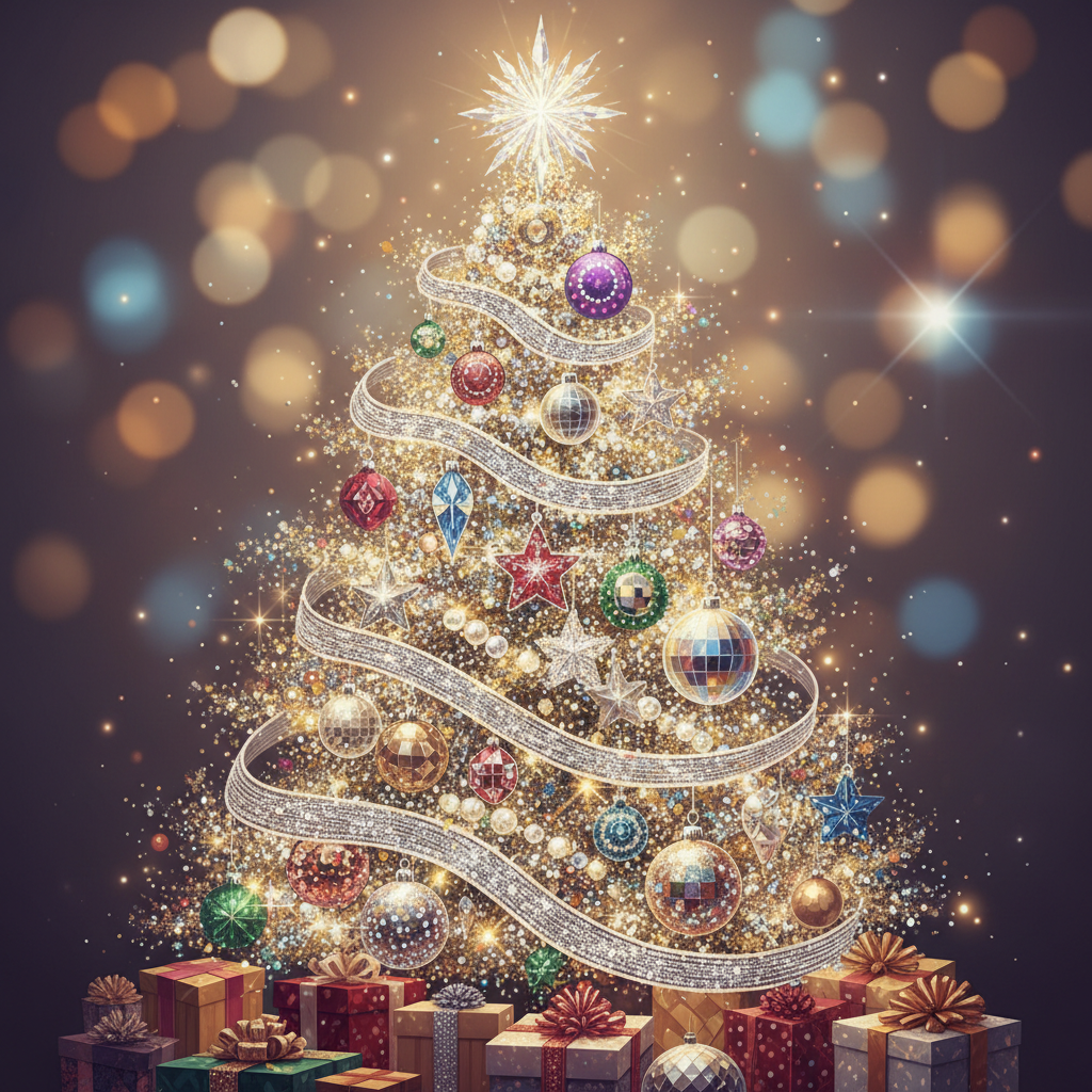 반짝이와 스팽글, 반사성 장식으로 덮여 화려하고 반짝이는 크리스마스 트리 일러스트, 눈부신 디지털 아트.
