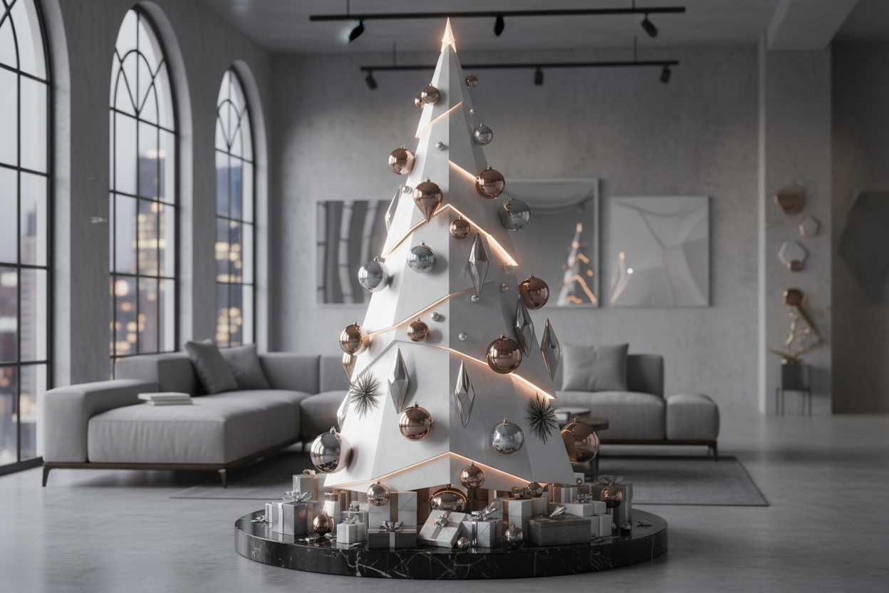 세련된 디자인의 현대적인 크리스마스 트리 일러스트, 금속 장식, 도시 로프트 배경.