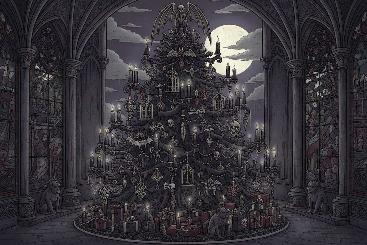 어두운 색상과 은색 장식, 촛불로 장식된 고딕 테마 크리스마스 트리 일러스트, 신비로운 분위기.