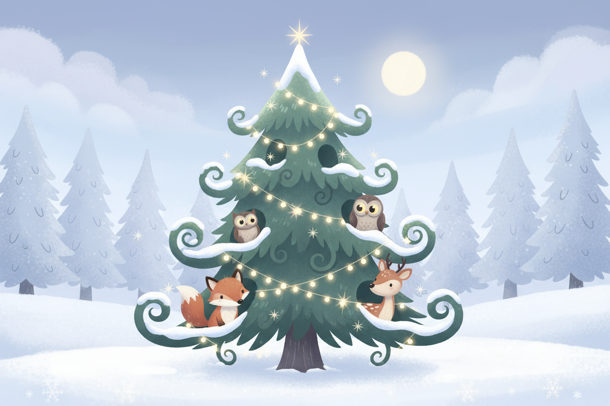 눈 덮인 배경에 숲 동물과 요정 조명이 있는 환상적인 만화 크리스마스 트리.