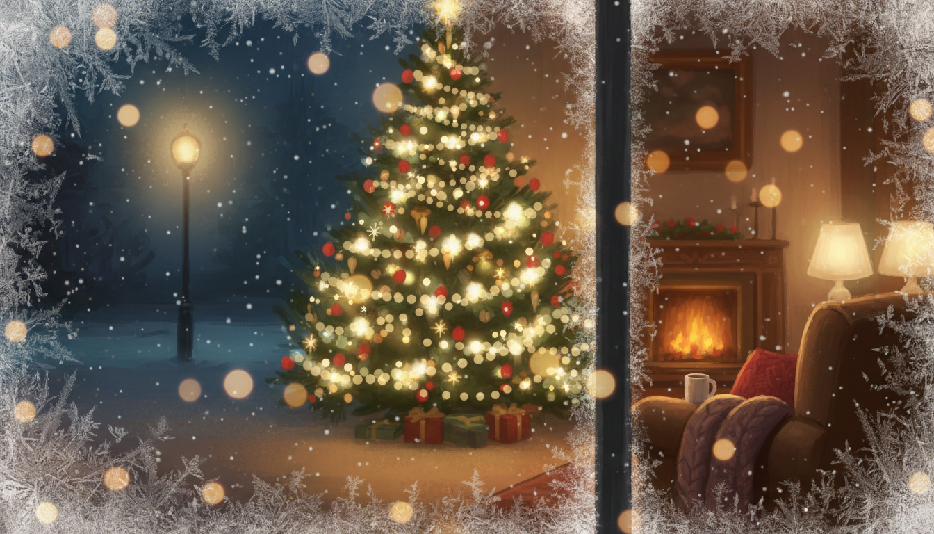 포근한 실내 조명이 있는 성에 낀 창문을 통해 보이는 크리스마스 트리 일러스트.