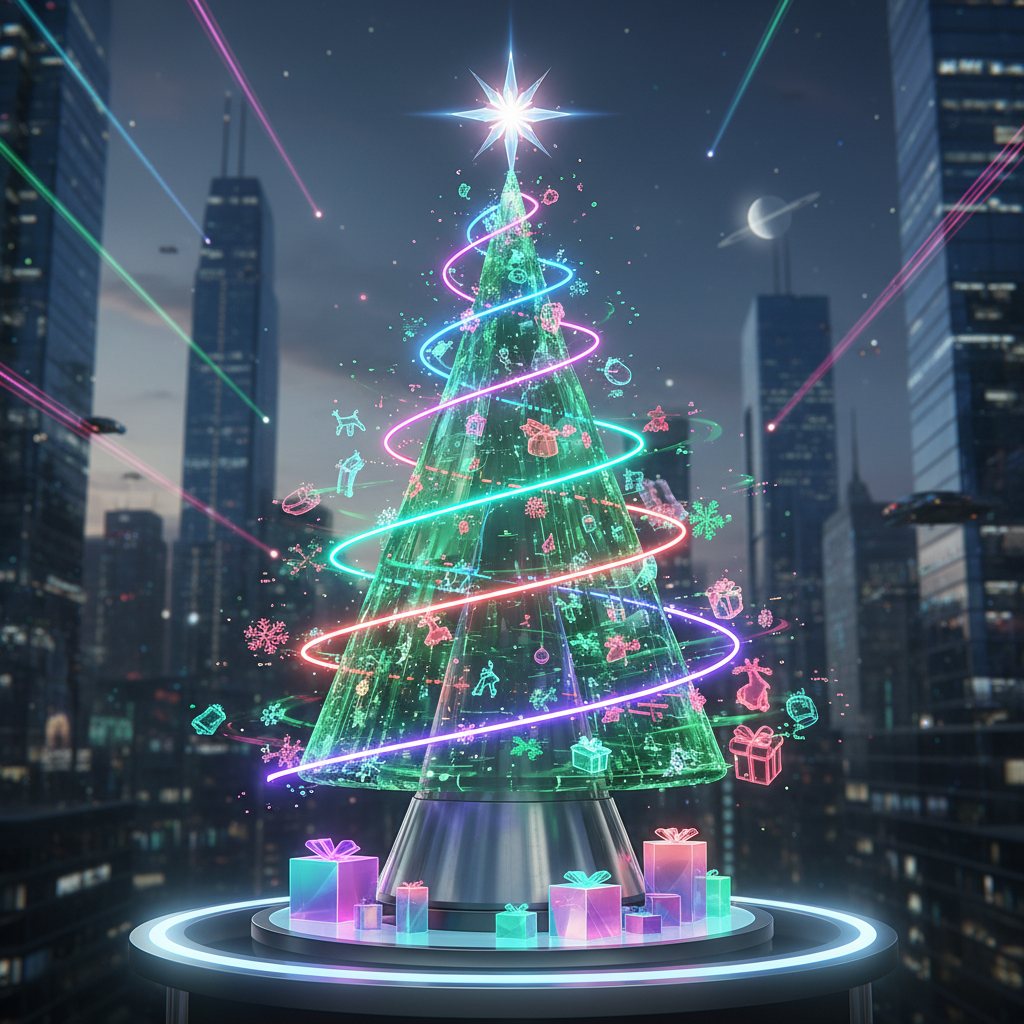 홀로그램 프로젝션과 네온 조명이 있는 미래 지향적인 크리스마스 트리 일러스트, 세련된 금속 스탠드.