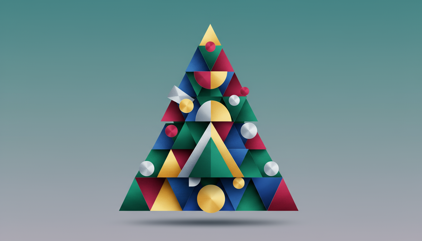 조화로운 색상 팔레트의 서로 맞물린 기하학적 도형으로 구성된 추상적인 크리스마스 트리 일러스트, 현대적이고 예술적인 디자인.