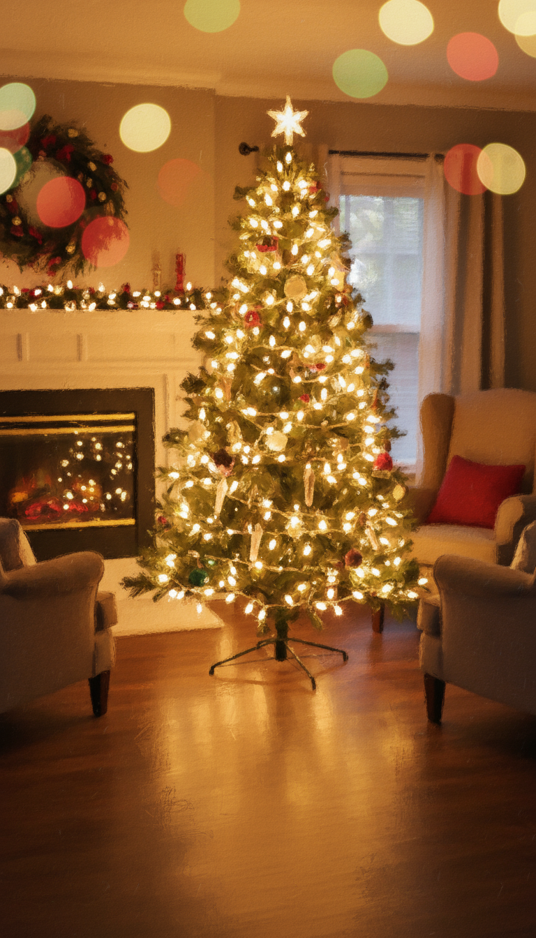 부드러운 보케 효과와 함께 따뜻하고 아늑한 빛을 내는 크리스마스 트리, 친밀하고 분위기 있는 일러스트.